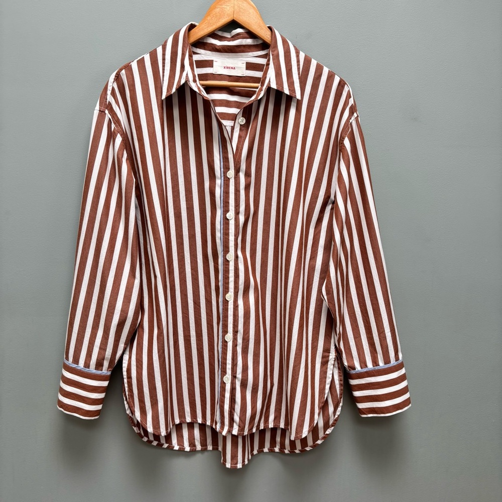 XiRENA Brown and White Striped Button-Down Shirt